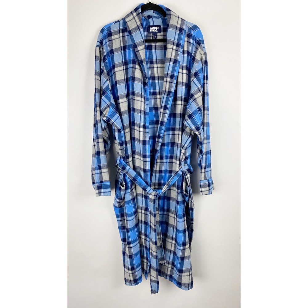 Lands End Mens XXL Blue Plaid Cotton Flannel Shawl Collar Robe